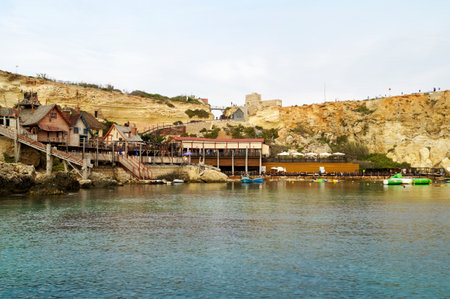 POPEYE VILLAGE, MALTA - SEPTEMBER 23, 2017: The famous Popeye Village, also known as Sweethaven Village near Mellieha, Maltaのeditorial素材
