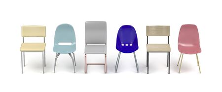Chairs with different designs and colors on white background, front viewの写真素材