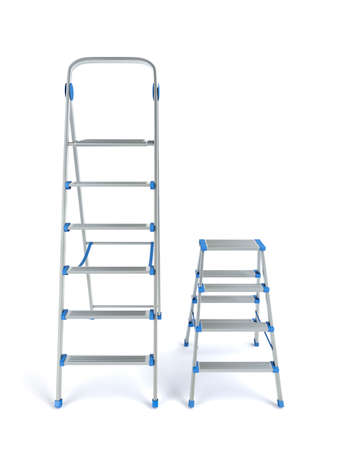 Two aluminum stepladders with different sizes on white backgroundの写真素材