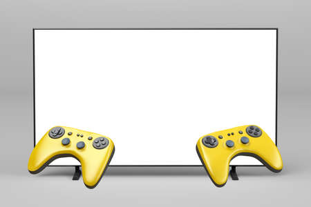 Wireless gaming controllers in front of the TV with empty screen