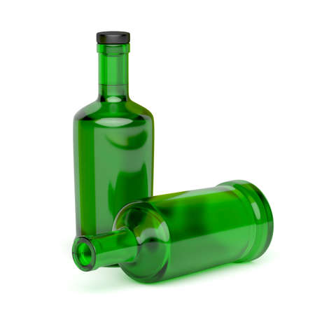 Two green glass bottles on white backgroundの写真素材