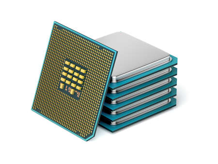 Stack of computer processors on white backgroundの写真素材