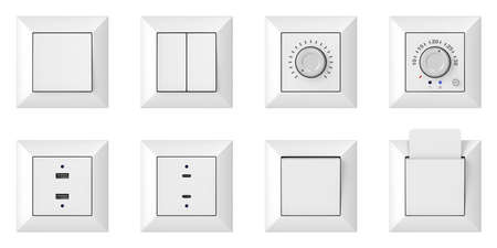 Set of many wall light switches, USB sockets, analog and key card slot. Front view. Objects isolated...