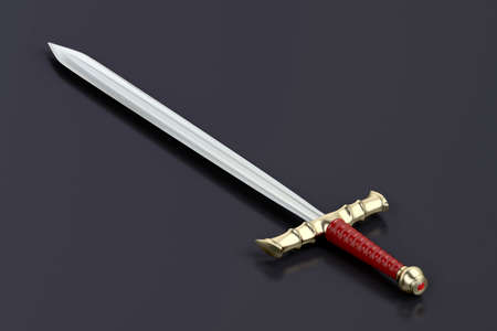 Medieval sword on shiny dark backgroundの写真素材