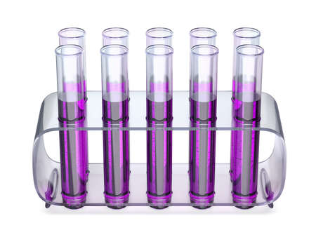 Test tubes with purple liquid in a rack on white background