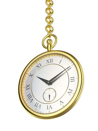 Shiny gold pocket watch with chain, isolated on white background
