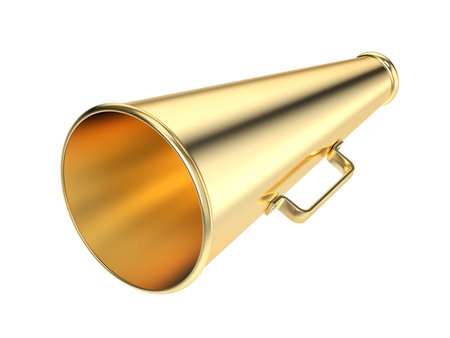 Gold vintage megaphone isolated on white backgroundの写真素材