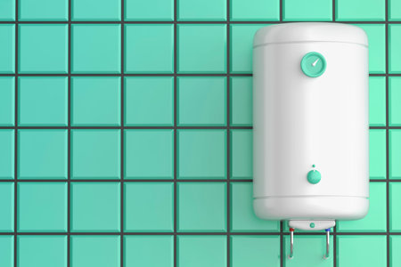 Simple electric water heater in the bathroom, front viewの写真素材