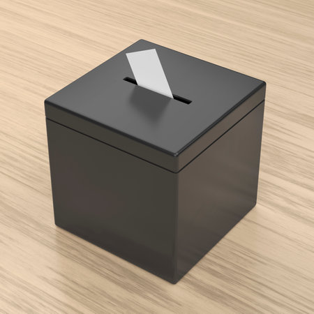 Ballot box with voting paper on wooden deskの写真素材