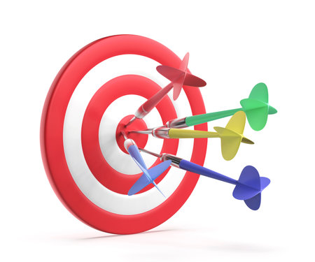 Darts hitting the center of dartboard, concept imageの写真素材