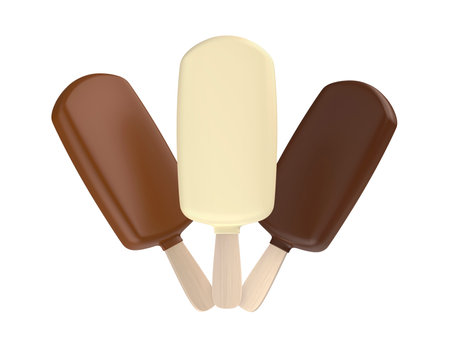 White, milk and dark chocolate coated ice creams on white backgroundの写真素材