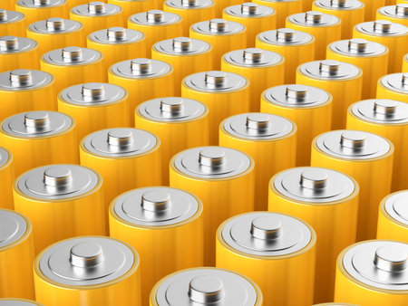 Many yellow AA size batteriesの写真素材