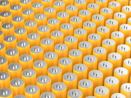 Many rows with yellow AA size batteriesの写真素材