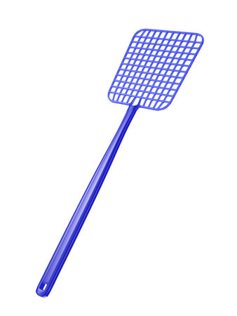 Blue plastic fly swatter on white backgroundの写真素材