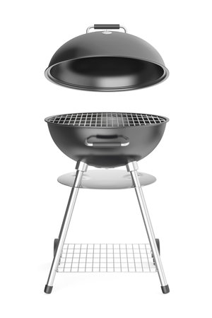 Black kettle barbecue with lid on a white backgroundの写真素材