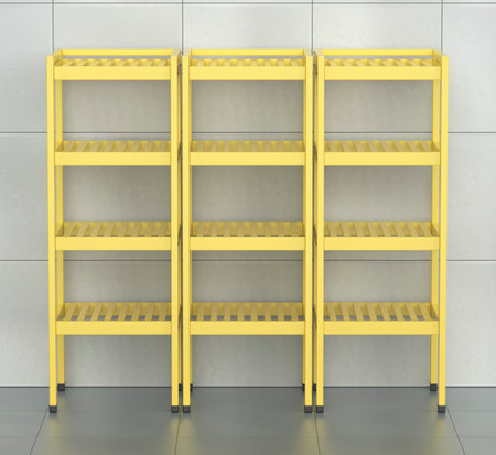 Three empty yellow metal shelving units in a bathroom