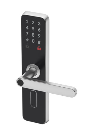 Smart door lock with integrated keypad and fingerprint reader, isolated on white backgroundの写真素材