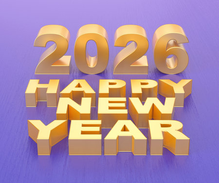 Happy New Year 2026 greeting with golden text on purple background