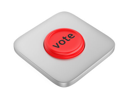 Red round vote button on white backgroundの写真素材
