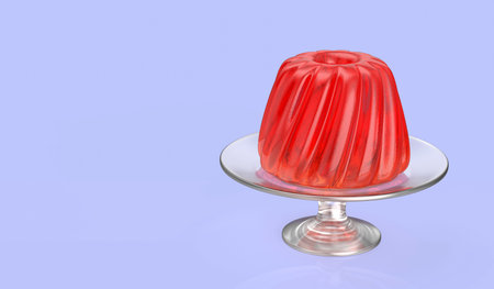 Red jelly dessert on glass cake stand on light blue background