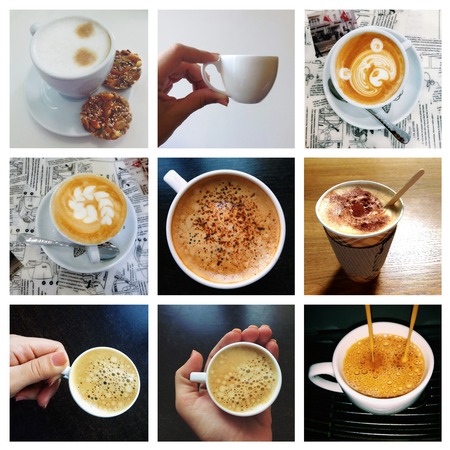 collage coffee with espresso, cappuccino, latte and mocha.の写真素材