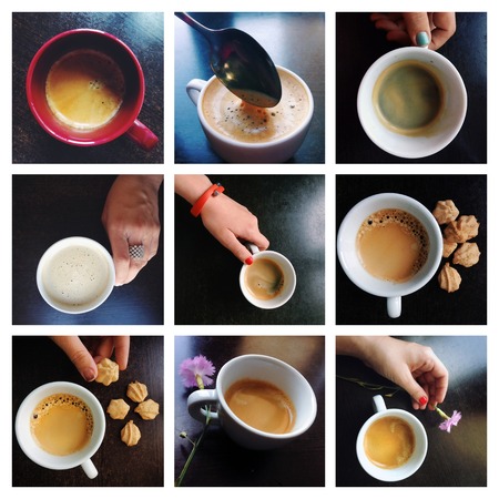 collage coffee with espresso, cappuccino, latte and mocha.の写真素材