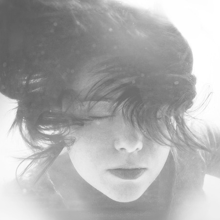 Mermaid face with hair floating in water. Black and whiteの写真素材