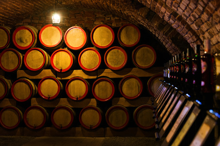 Wine barrels in the antique cellar. Cavernous wine cellar with stacked oak barrels for maturing red wine. Selective focusのeditorial素材