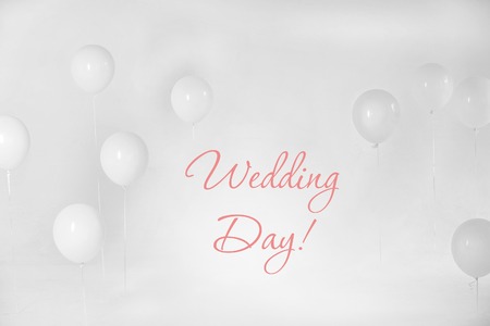 Wedding day greeting card with white baloons on white backgroundの写真素材