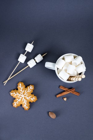 New Year and Christmas composition with cookies, marshmallow dessert and cinnamonの写真素材