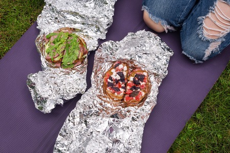 Sandwiches with arugula and basil. Outdoor picnic conceptの写真素材