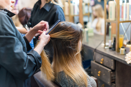 Master hairdresser makes hair styling. People at workの写真素材