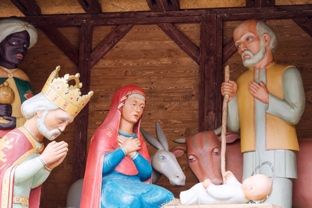 Christmas nativity scene with baby Jesus, Mary and Joseph in barnの写真素材