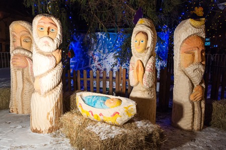 Christmas nativity scene with baby Jesus, Mary and Joseph in barnの写真素材