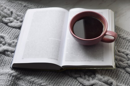 Cozy home still life: cup of hot coffee and opened book with warm plaid on windowsill against snow landscape outside. Winter holidays, Christmas time concept, free copy spaceの写真素材