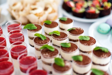 Tiramisu cakes with mint on the table. Sweet desserts. Selective focus.