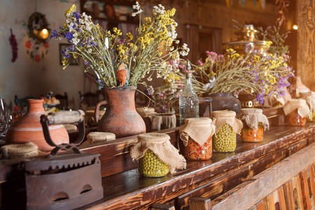 Unique ethnic restaurant interior. Traditional design. Ukrainian rural style and decorations....