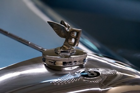 NOVI PETRIVTSI, UKRAINE - APRIL 2017: Bentley logo. Vintage vehicle front detail. The Museum of Old...