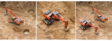 Set of excavators at sandpit during earthmoving works. Construction of concrete foundation of new...