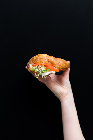 Hand holding healthy food, menu with microgreens. Vegetarian sandwich with micro greens assortment. Vegan party, organic vegetables. Healthy lifestyle and eating right concept, copyspace.の写真素材