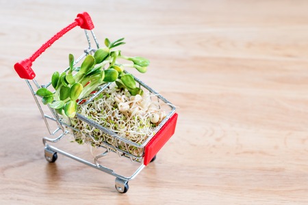 Micro greens in shopping cart on wooden background. Different types of microgreens for sale. Healthy eating concept of fresh garden produce organically grown, symbol of health. Vitamins from nature.の写真素材