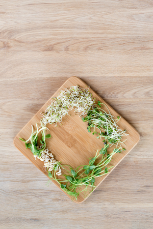 Different types of micro greens on wooden background. Fresh garden produce organically grown, symbol of health and vitamins. Microgreens ready for cooking. Copyspace for textの写真素材