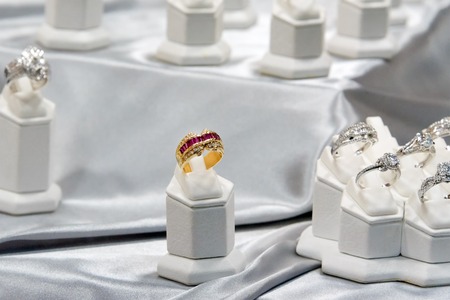 Jewelry diamond rings show in luxury retail store window display showcaseの写真素材