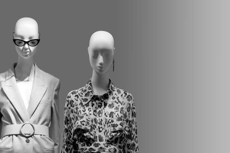 Female mannequins standing in store window display of women casual clothing shop in shopping mall. Sale and advertising theme. Copyspace for textの写真素材