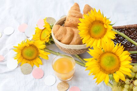 Healthy summer picnic laid out on white cloth on green grass with croissants, fresh fruit and juice. Outdoor party in the garden.の写真素材