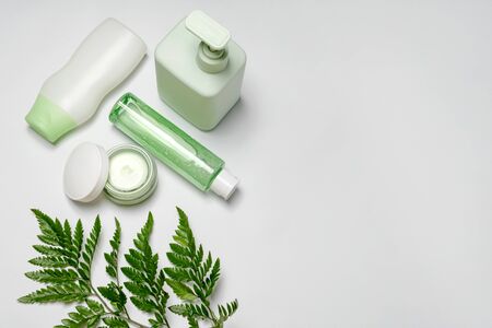 Cosmetic containers with green herbal leaves, blank label package for branding mock-up. Moisturizing cream, shampoo, tonic, face and body skin care. Natural organic beauty product. Flat lay, top viewの写真素材