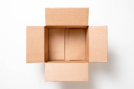 Open empty rectangular cardboard box on white background. Mockup for design and advertising. Brown...