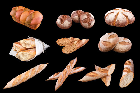 Assortment of different types of bread, loaf, baguettes, made of wheat, rye organic, isolated on...