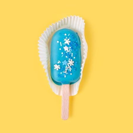 Blue mint ice cream on yellow background. Tasty and refreshing ice cream on sticks. Minimal summer concept. Flat layの写真素材
