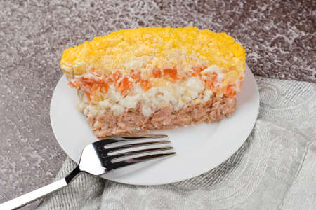 Traditional russian salad Mimosa with vegetables and fish. Layered salad with potatoes, tuna, carrot, onion, eggs and mayonnaise.の写真素材
